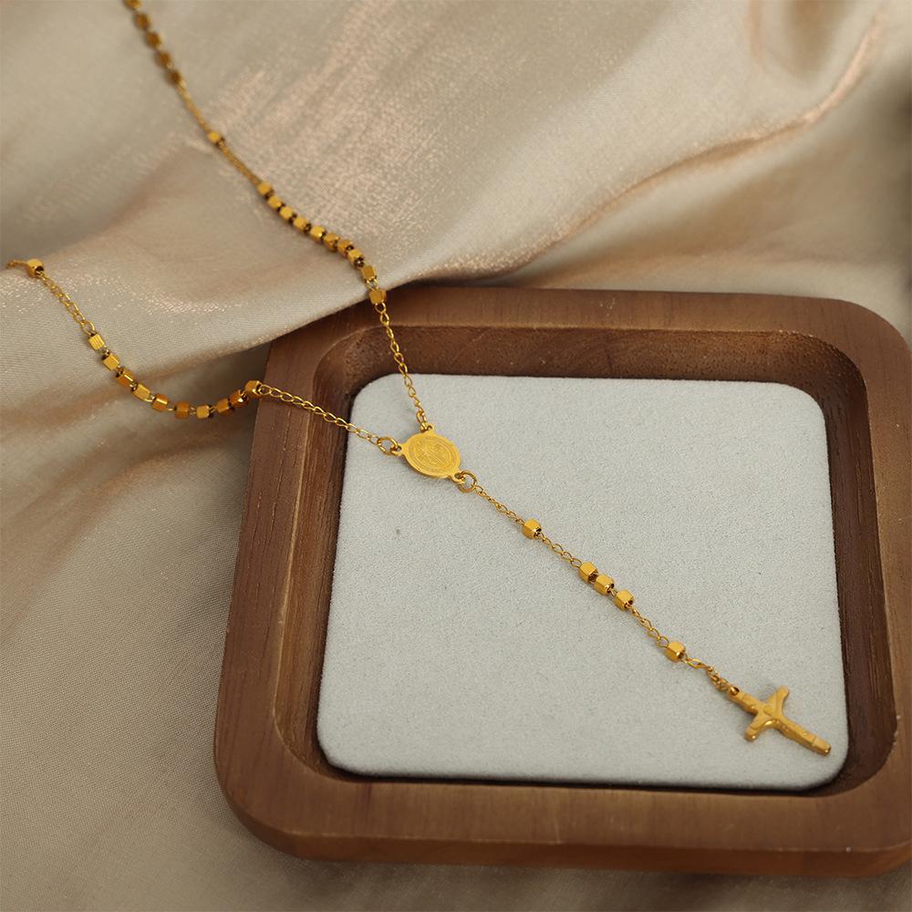 Retro British Jewelry: Oval Portrait Plate Tassel Cross Pendant on Titanium Steel Sweater Chain