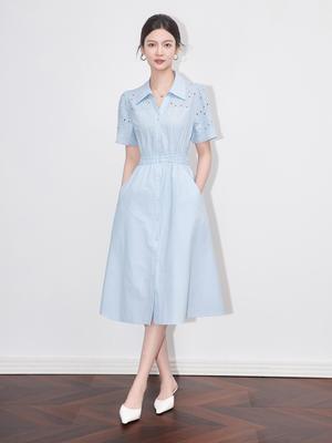 High-Quality Elegant Women's Summer Dress: Waist-Cinching, Embroidered, Hollow-Out, Lapel Design, Long Dress by Nanyou