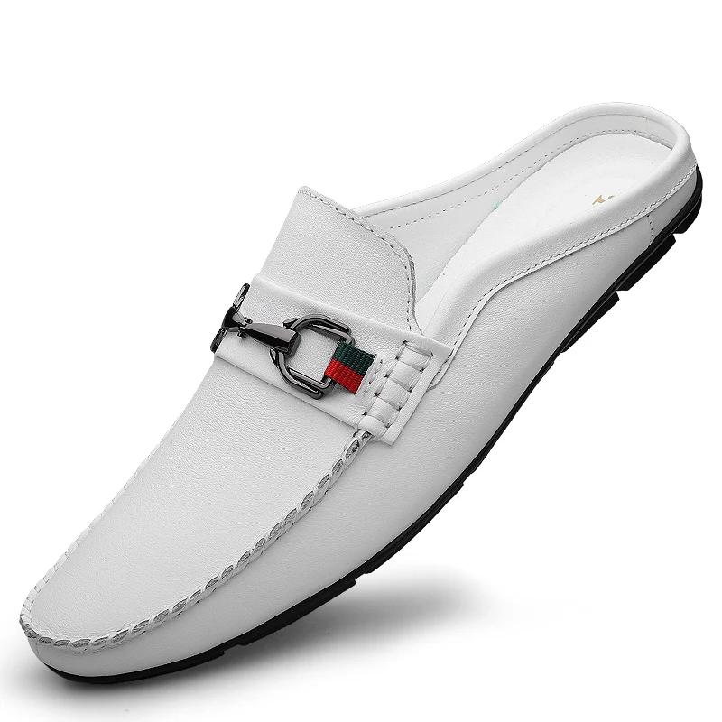 Fashion Fashion Summer Brand Half Slippers Mens Shoes Luxury Brand Man Casual Shoes Genuine Leather Breathable Slip On Half Footwear