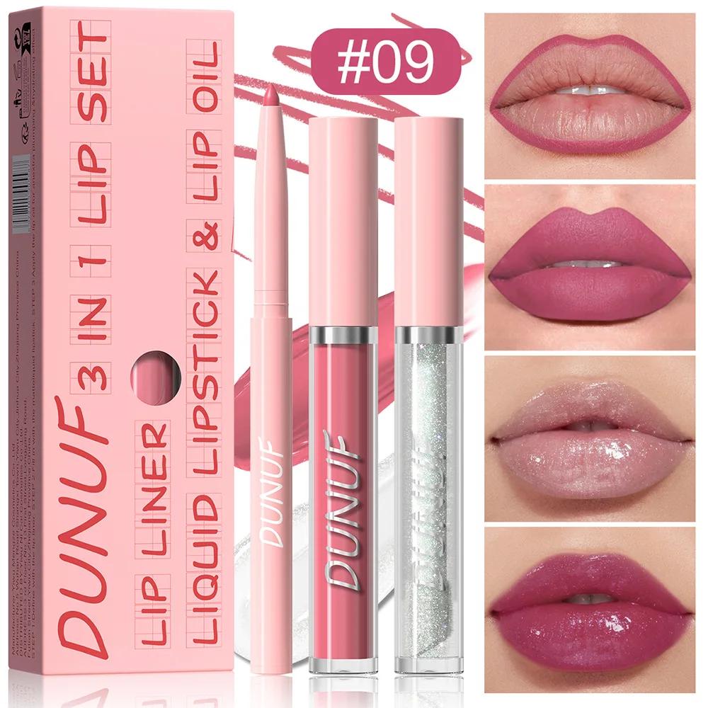 [Brillo de Labios Impermeable] Set de 3 Piezas Brillo de Labios Impermeable y Resistente al Sudor Delineador de Labios Set de Brillo de Labios Duradero Fácil de Colorear Set de Brillos de Labios Mate Pintalabios