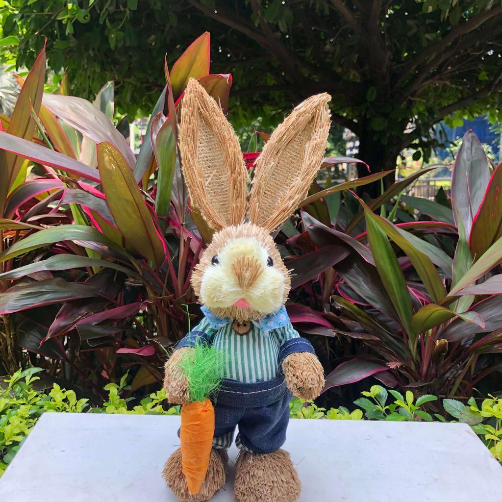 Easter Rabbit Decoration Straw Rabbit Ornament Creative Artificial Bunny Figure 25cm Home Holiday Cute with Flower Wreath