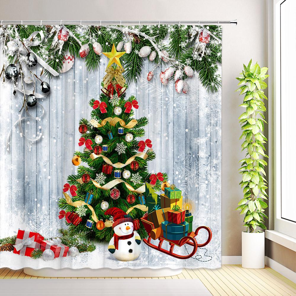 Merry Christmas Shower Curtain Santa Claus Winter Snowman Snowflake Buffalo Plaid Reindeer Xmas Bathroom Decor Fabric with Hooks