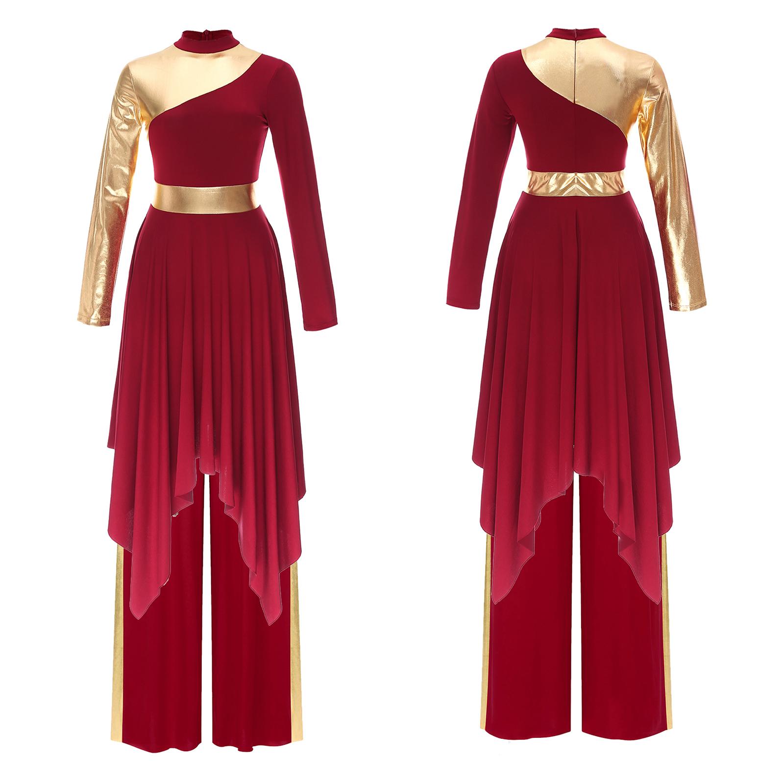 

Жіночий костюм для хвали, кольоровий блок, плаття для танцю в поклонінні з брюками, літургійний танцювальний одяг XXL бордовий