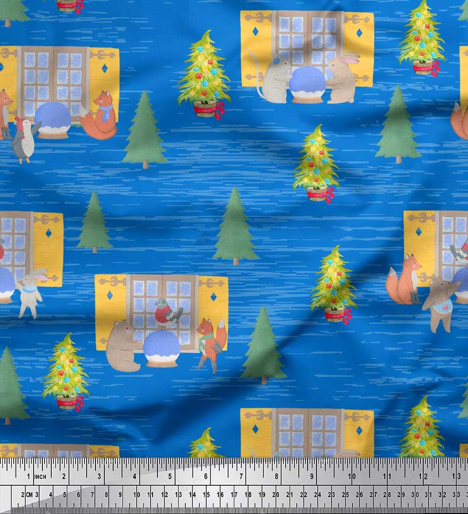 

Тканина Soimoi Black, Японія, креп-сатин, будинок, тварини та ялинка, різдвяний декор, друкований метр, 42 дюйми 42 Inch Wide - Poly Crepe синій