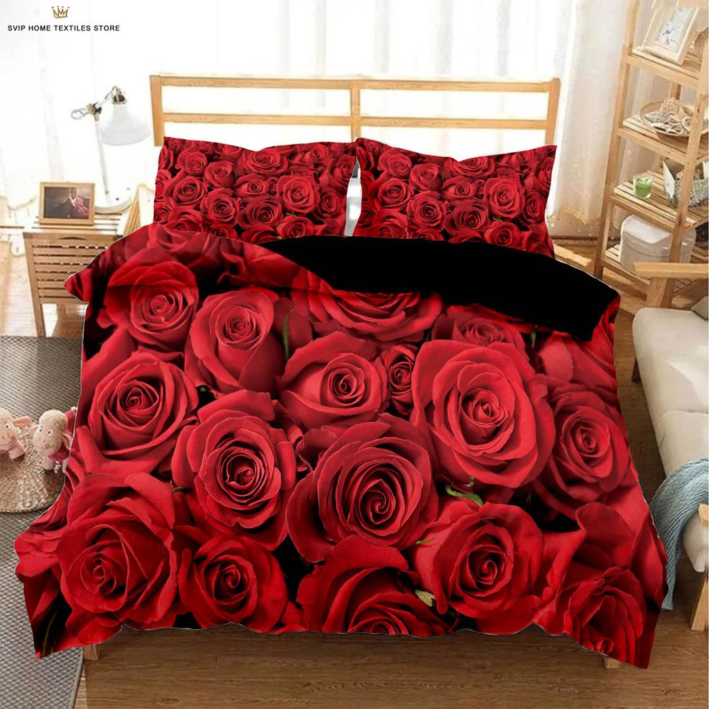 Set de lenjerie de pat cu husă de pilotă cu imprimeu retro roșu trandafir inimă de Ziua Îndrăgostiților, textile, husă de pilotă, față de pernă, lavabil la mașină, 3 piese