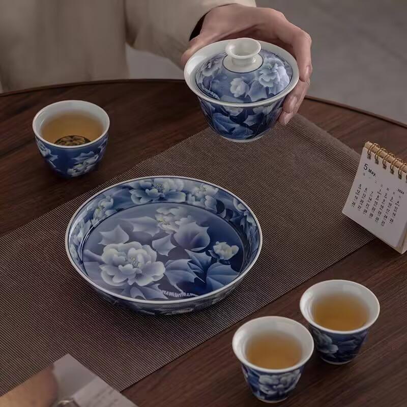 Blue And White Hibiscus Flower Single Three-Talent Cover Bowl Ceramic Teacup Master Cup Kung Fu Tea Set Guest Tea Bowl