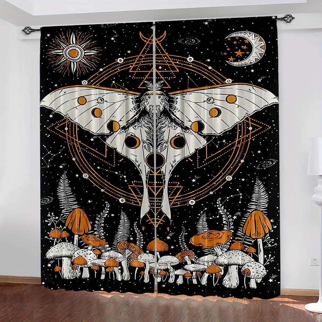Lot de 2 rideaux de fenêtre soleil et lune pour adolescents et adultes, rideaux jaunes en forme de champignons, phases de lune, astrologie, rideaux de fenêtre pour chambre à coucher