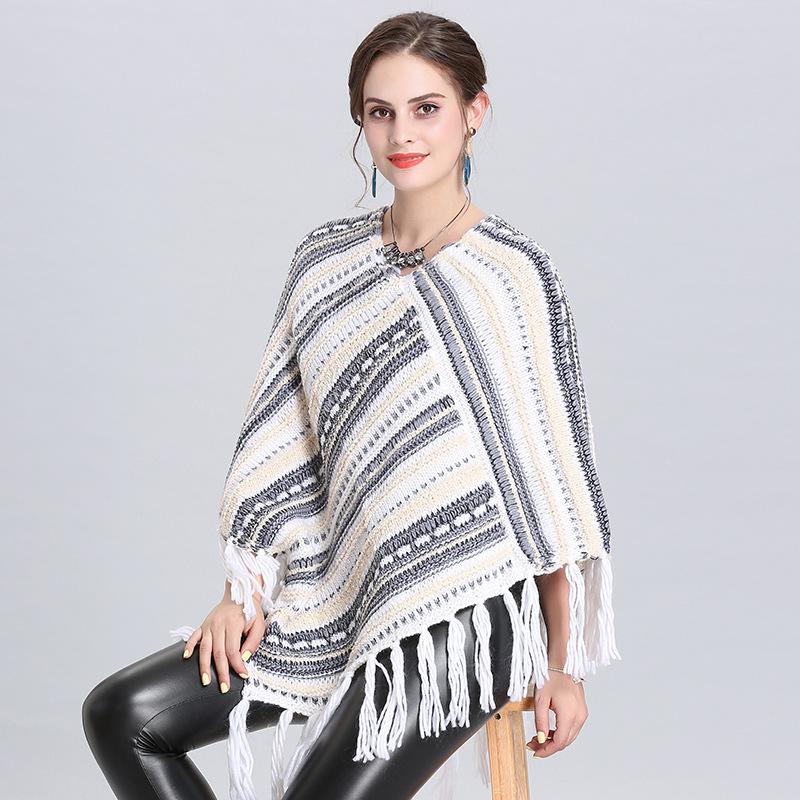 Exclusive For South American Tassel Cape Shawl V-Neck Diagonal Striped Pullover Women 1527 #