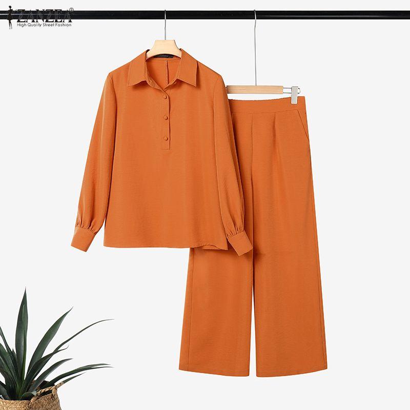 ZANZEA Two Piece Suit Women Lapel Neck Long Sleeve Shirts and Pants Casual Sets Outfits