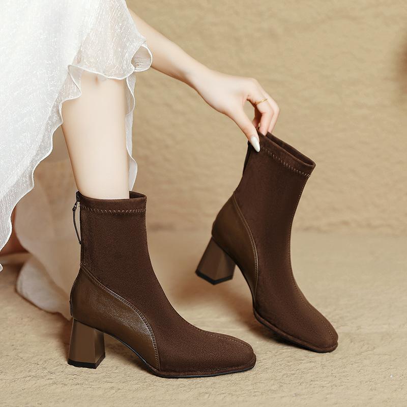 High-heeled Short Boots Women's 2025 New Autumn and Winter Medium Tube Women's Boots Splicing Square Head Thick Heel Thin Boots French Small Short Boo