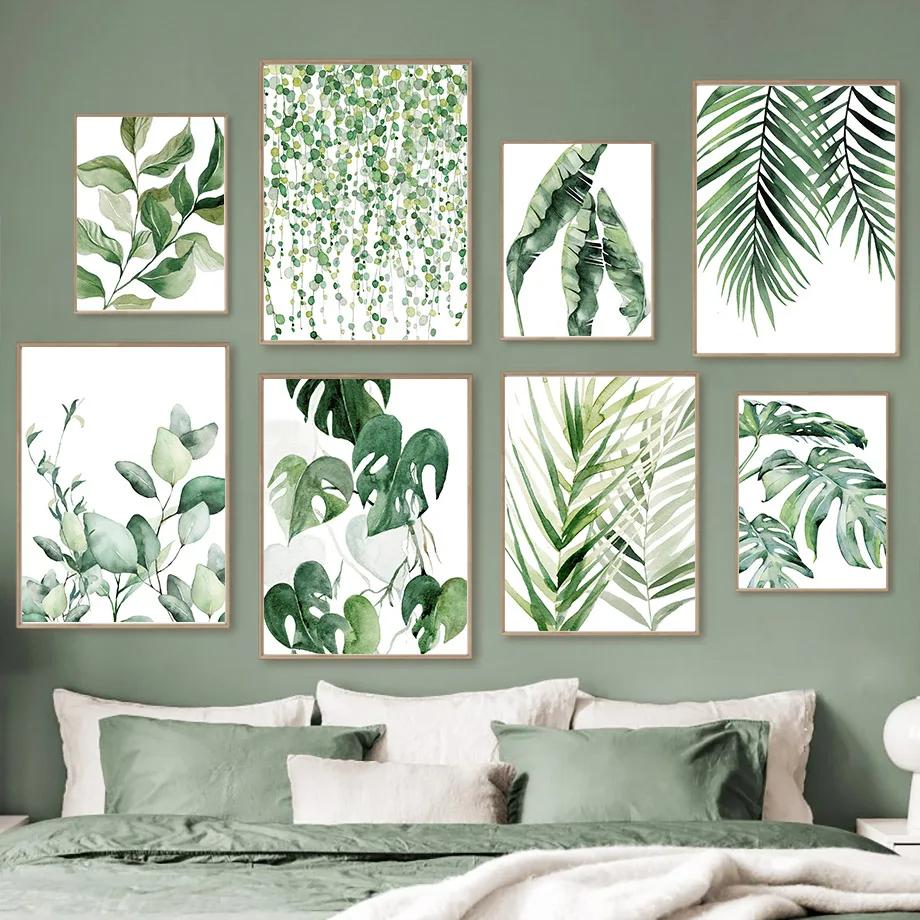 Modern Nordic Style Spring Green Art Poster Plant Leaf Palm Watercolor Wall Art Picture Canvas Print Living Room Home Decor