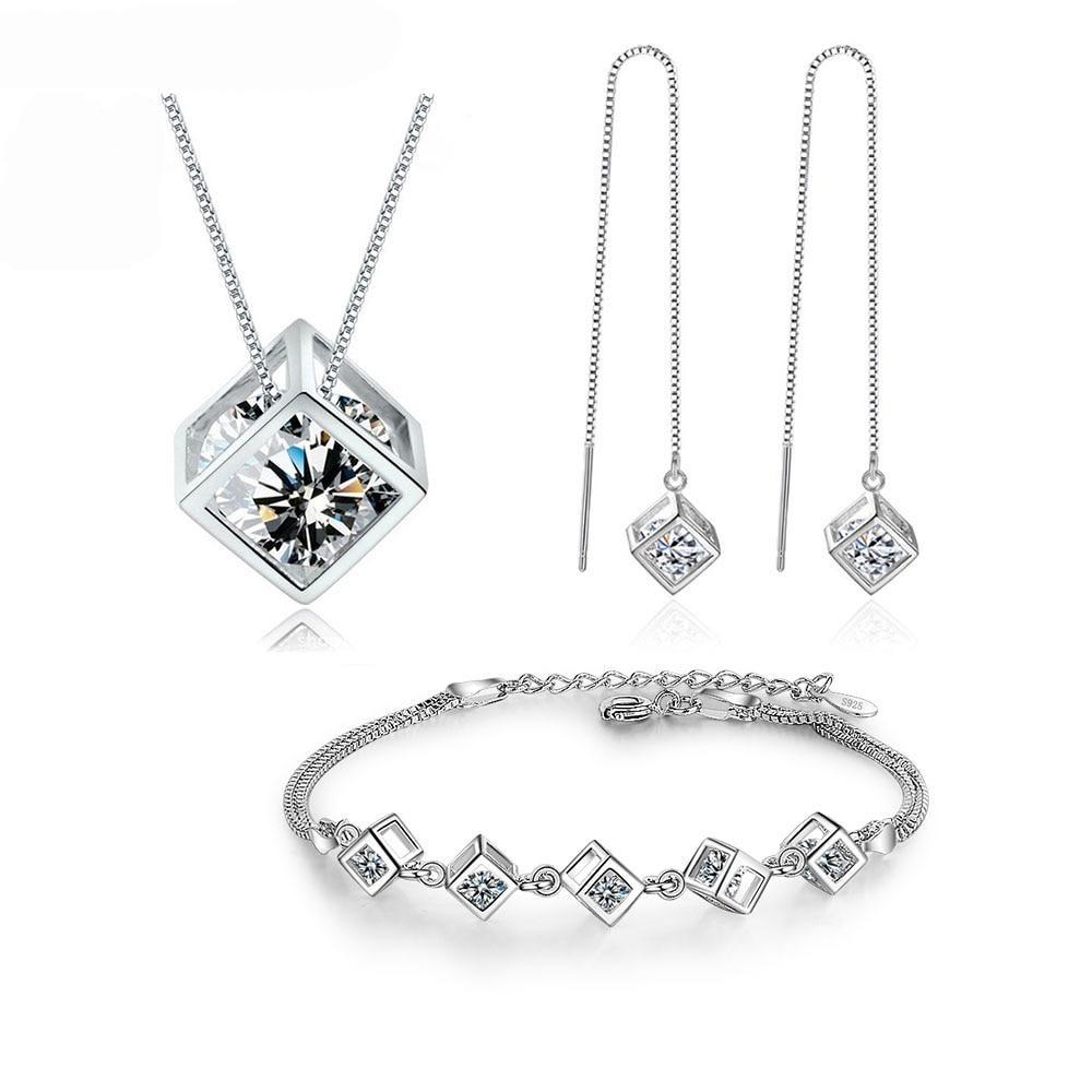 5 Style 925 Sterling Silver Jewelry Sets Zircon Square Cube Necklace +Earrings +Bracelet for Women Gift