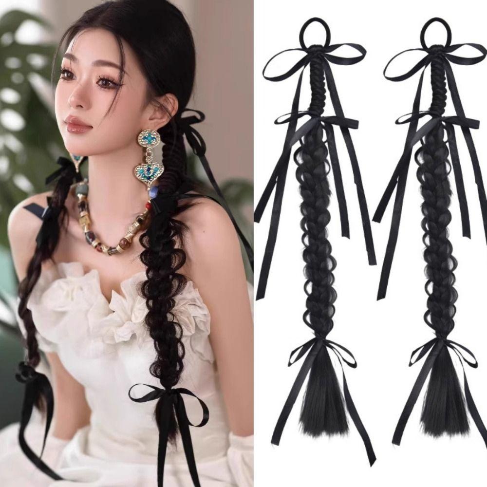 1Pair Fried Dough Ribbon Bow Double Ponytail Handmade Long Braiding Hair Extensions  Women/Girls