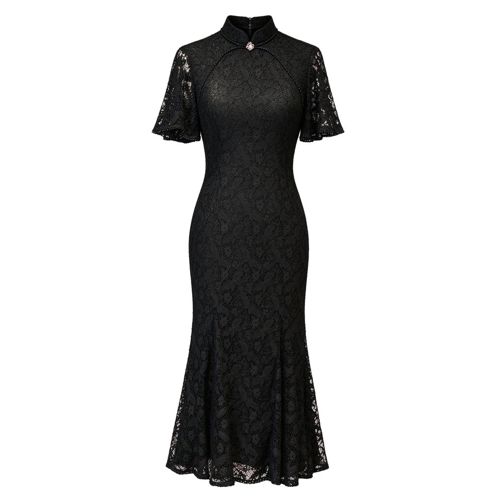 New Chinese black lace improved fishtail cheongsam 1011 new girl young daily temperament national style dress