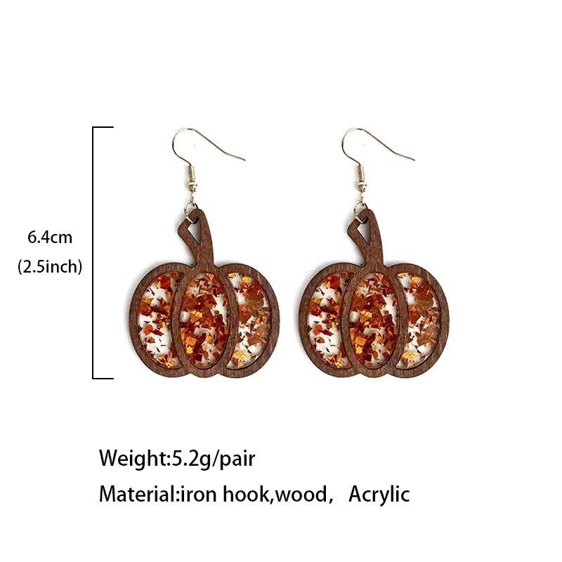 1 Pair Halloween Autumn Thanksgiving Earrings Vintage Big Pumpkin Earrings Wood Inlaid Sequins European and American Earrings