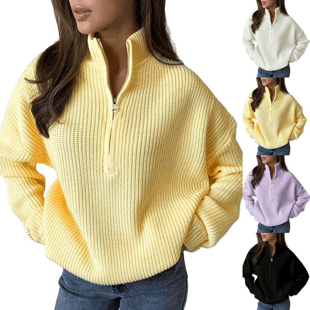 Women's Oversized Knit Pullover Sweater with Zipper, Versatile Casual Top for Fall and Winter