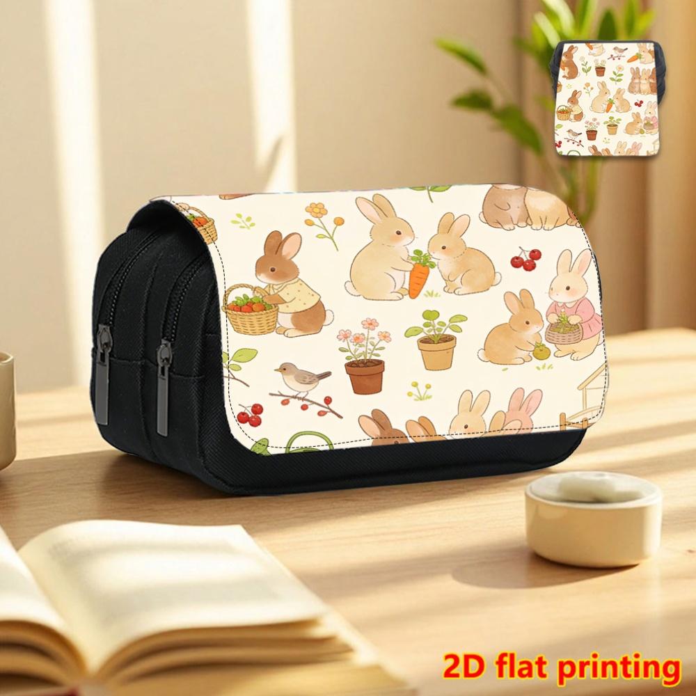 1pc Pastoral Rabbit 2D Flat Printing Double-Layer Flip Black Pencil Case - Back-To-School Essential Pencil Box, Daily Multi-Functional Makeup Bag, Lar