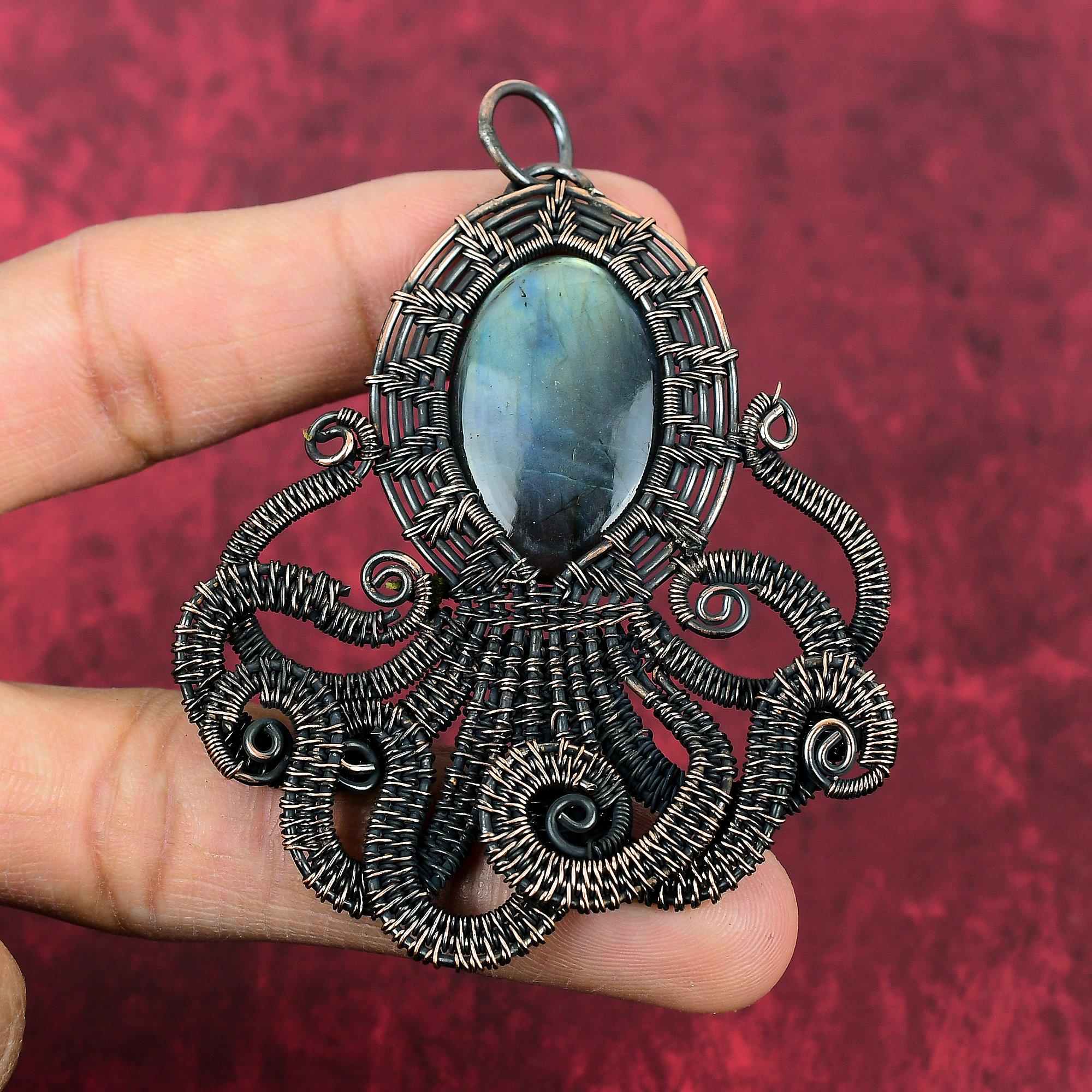 Labradorite Pendant Copper Wire Wrapped Pendant Handmade Pendant Copper Jewelry Octopus Gemstone Pendant Wire Wrapping Jewelry Gifts For Him