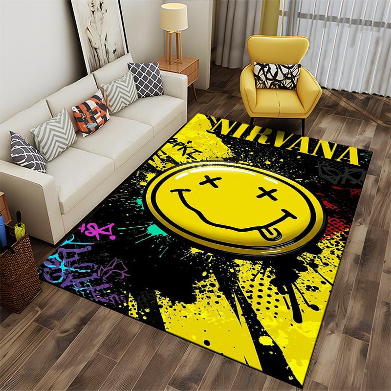 Nirvana Smiley Face Graffiti Style Carpet, Yellow and Black Design Suitable for Use As an Anti-slip for Living Room Bedroom Sofas