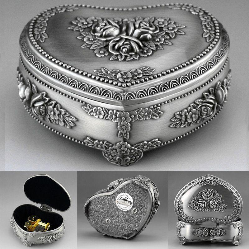 Stunning Silver Alloy Heart Shape Music Box For Kids With Classic Wind Up Mechanism