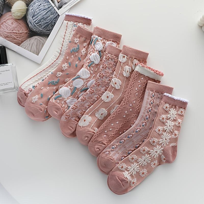 

6 Pairs Women s Mid-Calf Socks, retro Lolita floral embroidery, soft breathable sweat-absorbent for spring and summer. One-size