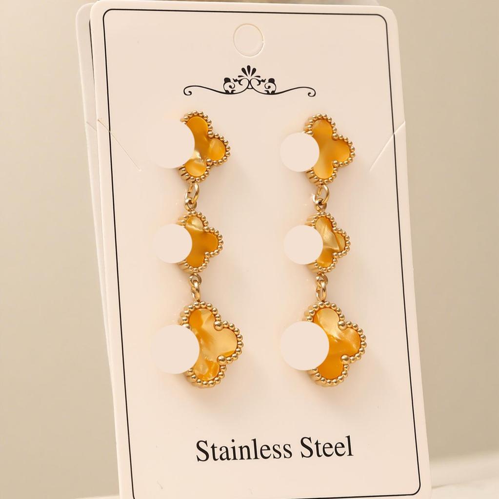 High-End Four-Leaf Clover Tassel Stud Earrings - Stainless Steel, Light Luxury Design