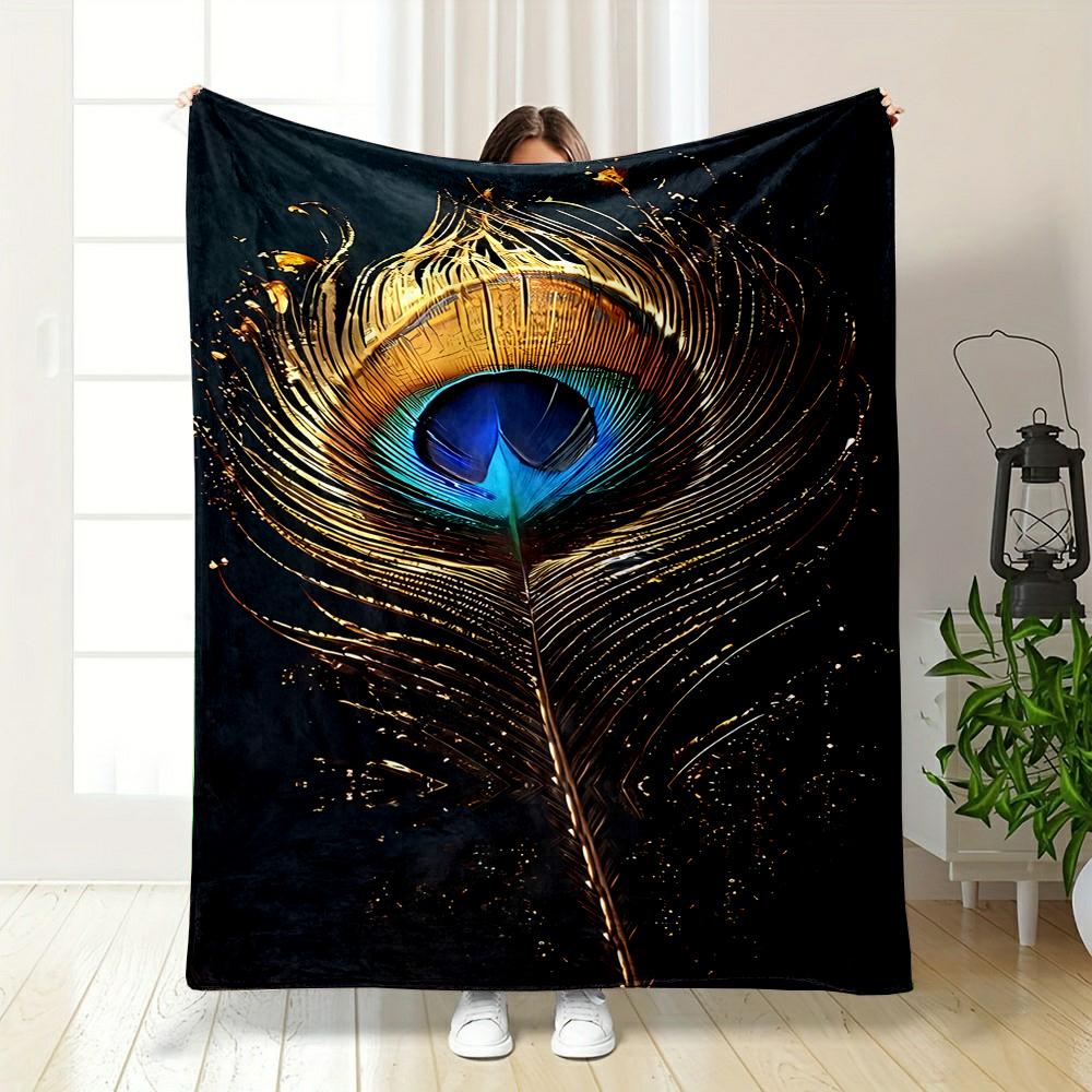 Golden Peacock Feather Design Patterned Flannel Blanket Perfect for the Bedroom Living Room, Sofa, or a Little Nap