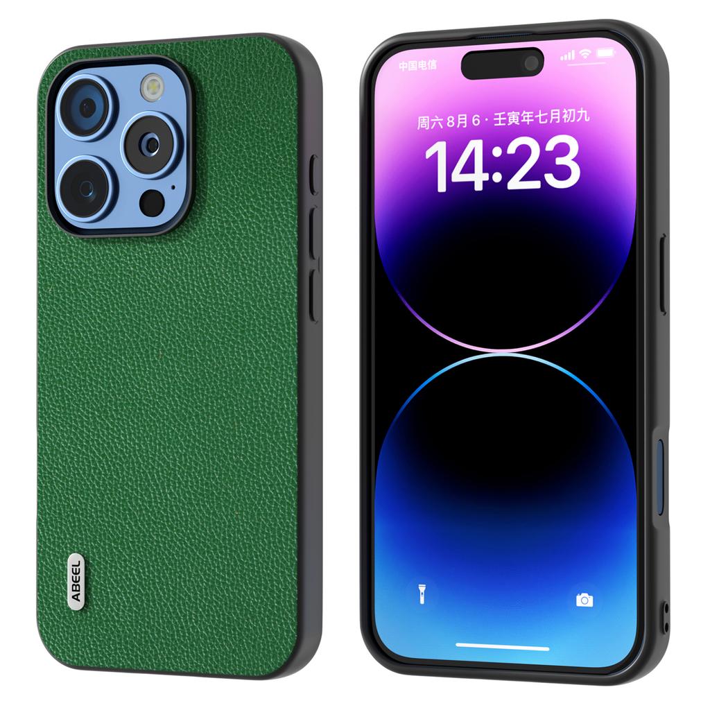 ABEEL For iPhone 16 Pro Case Litchi Texture Genuine Cow Leather+PC Phone Cover