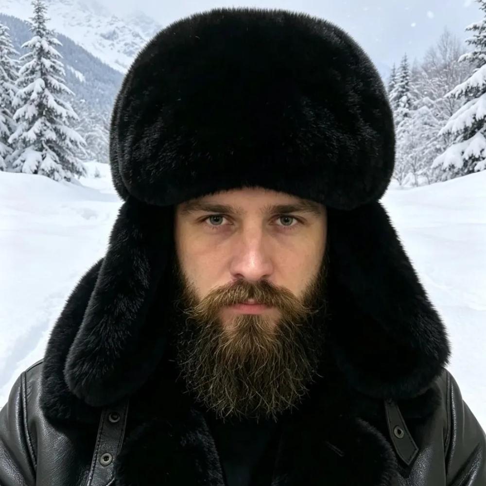 Cappello Ushanka Invernale Caldo da Uomo con Paraorecchie in Vera Pelliccia di Pecora e Pelliccia di Coniglio