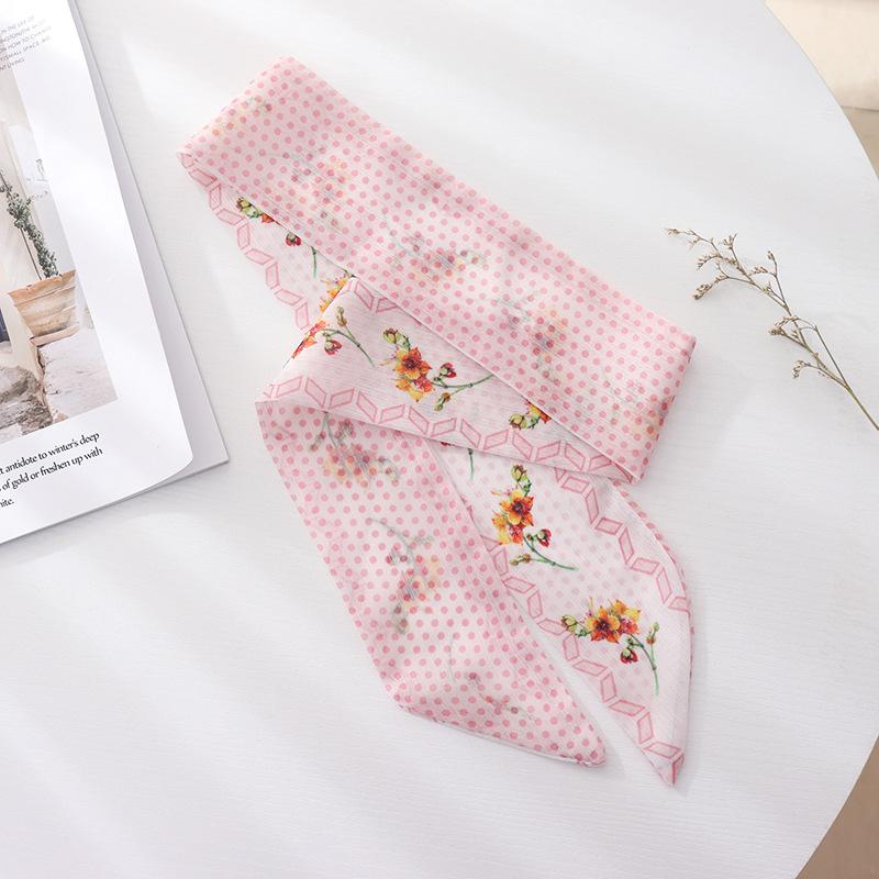 Summer French Retro Pink Tied Hair Small Floral Long Silk Scarf Headband Braided Hair Chiffon Thin Ribbon Scarf