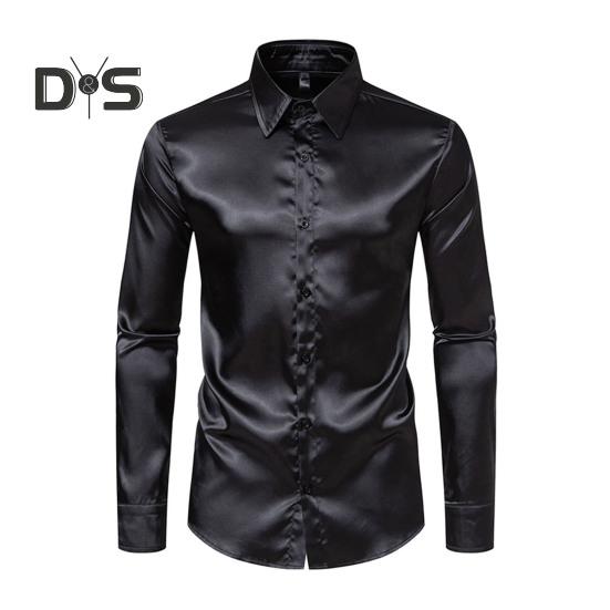 

Мужская рубашка с глянцевой поверхностью из атласа, однотонная, с отложным воротником, на пуговицах, средней длины, официальная деловая рубашка для вечеринок и клуба S чёрный