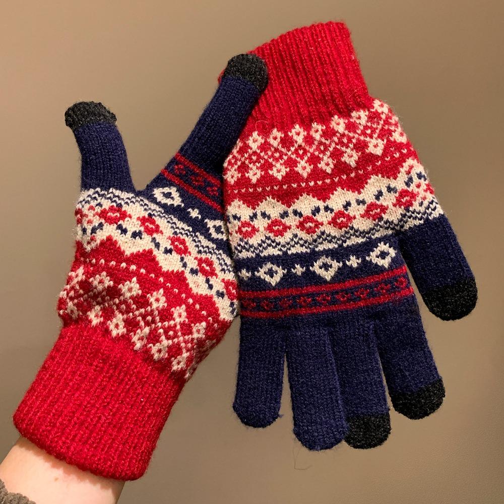 Weiche Winterstrickhandschuhe Rot Damen Fahrradhandschuhe Allround-Druckwollhandschuhe Mädchen