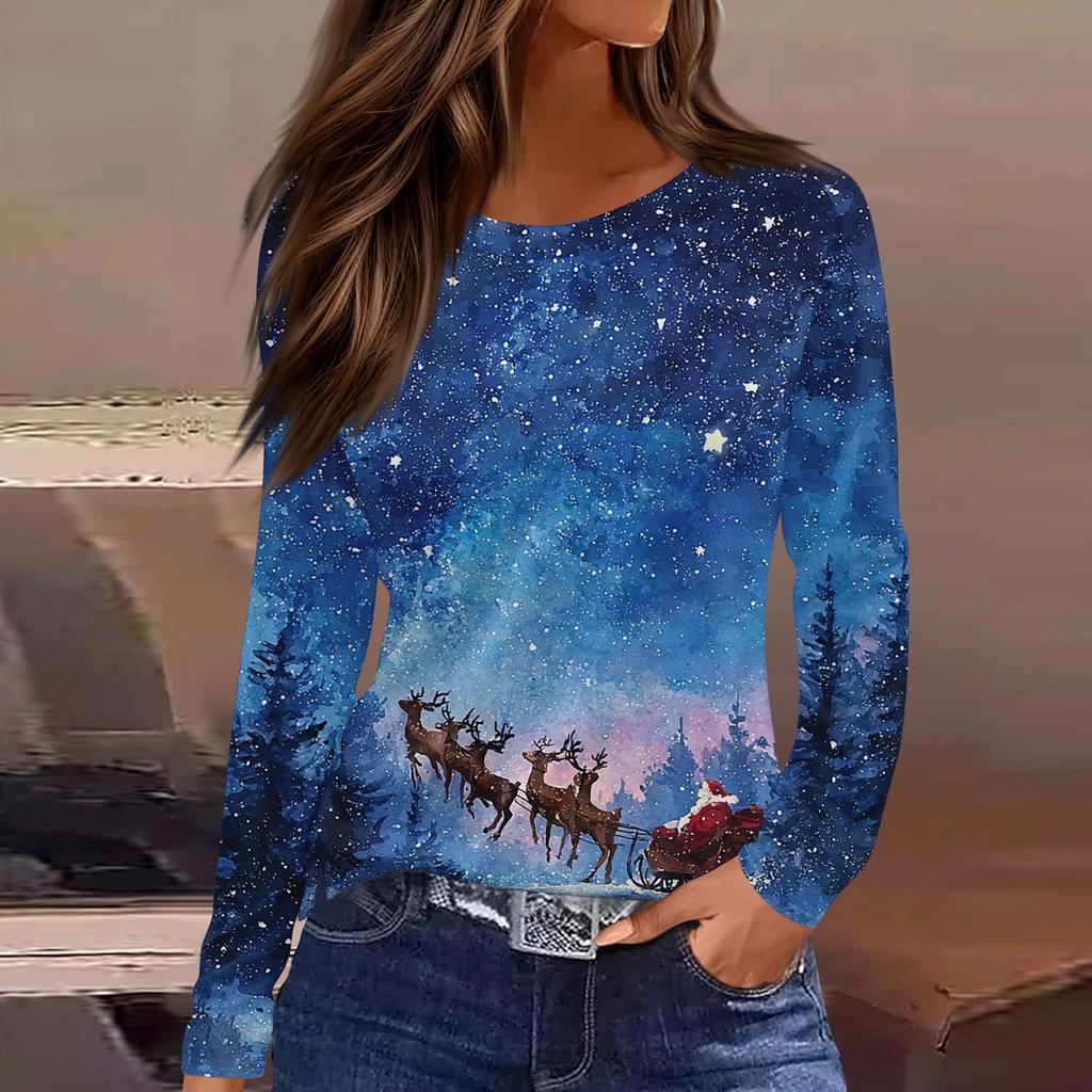 Women's Fashion Casual Slit Hem Round Neck Long Sleeve Loose Christmas Printed T-Shirt Ladies Top