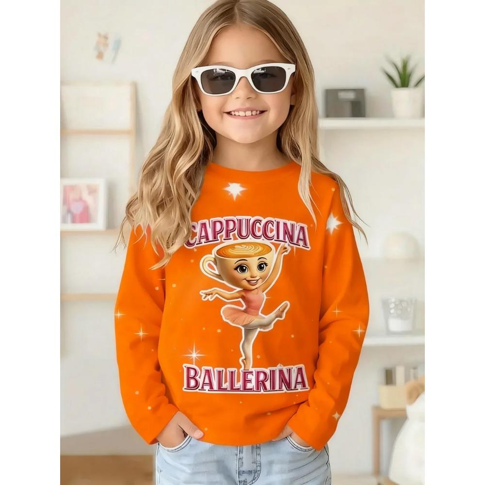 Spring and Autumn Round Neck 3D Cappuccina Ballerina Printed Top Fashionable Casual Long Sleeved Children's Girl T-shirts