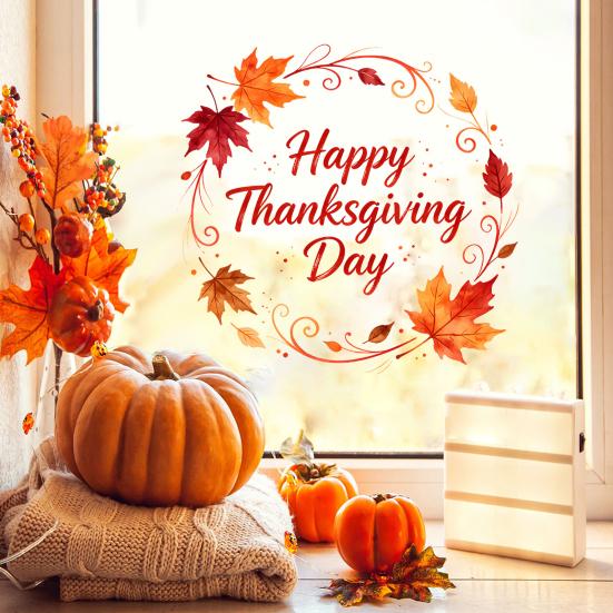 Watercolor Maple Leaf Decor Thanksgiving Window Clings, Wreath Static Glass Stickers for Autumn Electrostatic Film Holiday Home Decoration, Removable
