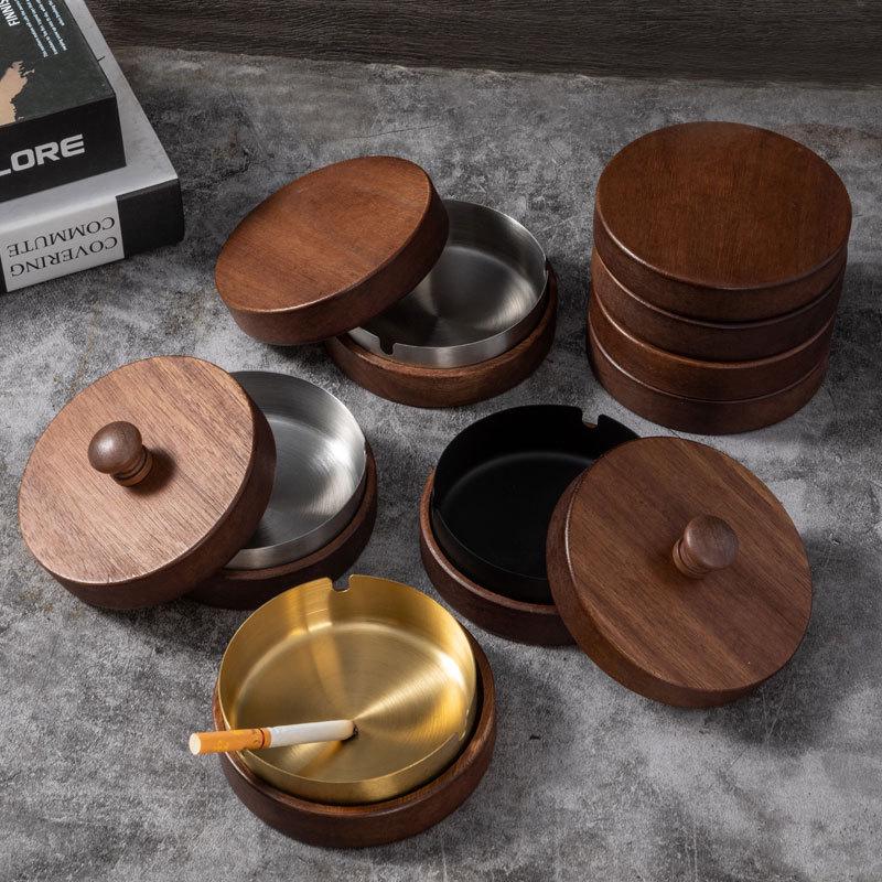 Gold-Stainless Steel Ashtray with Lid, Solid Wood Base – Anti-Ash Design for Home and Office, Ideal Gift.