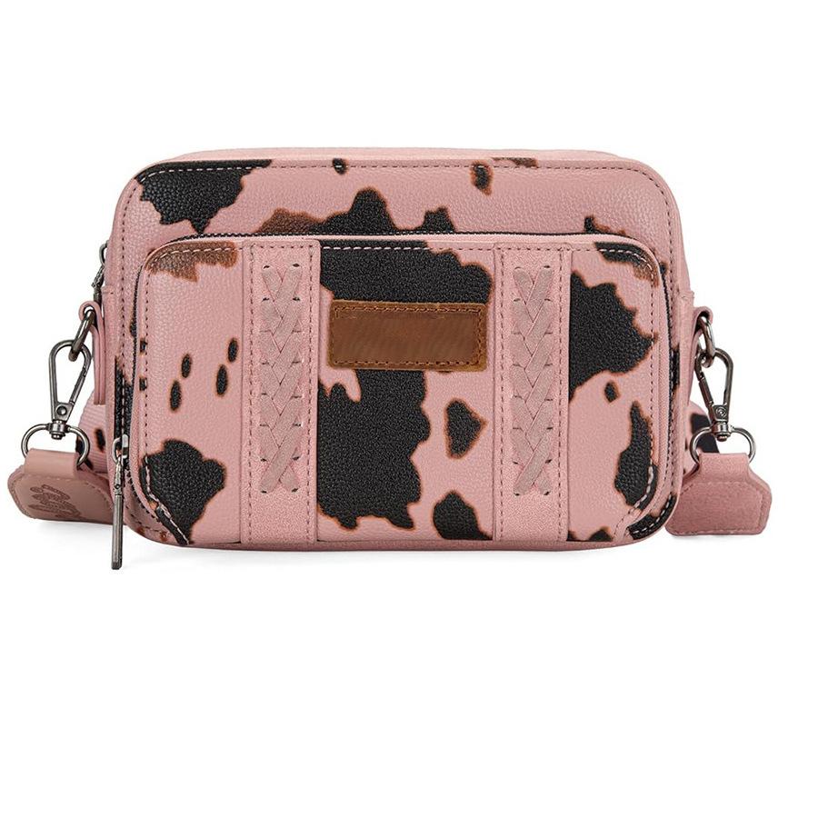 

Это ретро сумка через плечо с коровьим принтом для мужчин и женщин, предназначенная для поездок на работу. 21.5*7.6*15.2 розовый