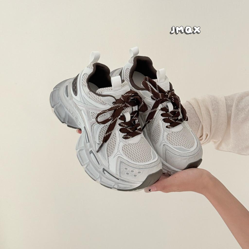 2025 autumn new mesh breathable leather thick sole heightening dad shoes women's fashion versatile sports shoes women's shoes