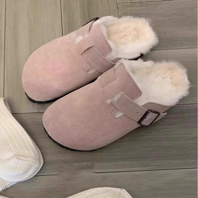 Pink platform Boken shoes, fluffy shoes, autumn and winter models, one-pedal outer wear, lazy retro bag head, half drag, velvet women's shoes