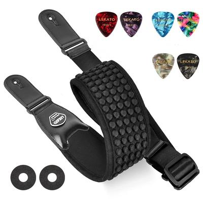 LEKATO Guitar Strap/Bass Strap, Cotton, Air Cushioned, 9.5cm Wide, Reduces Stress, Includes 6 Picks and 2 Strap Locks, Black