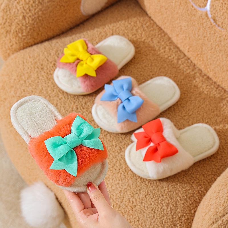 Girls' Winter Warm Plush Swallowtail Bow Cotton Slippers - Soft Sole, Non-slip, Plus Velvet, 2025 Edition