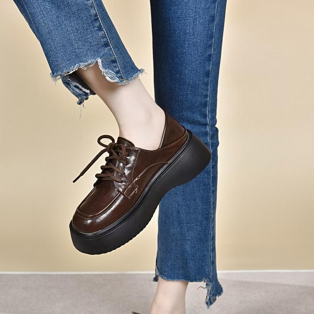 Plateauschuhe Damen 2024 Herbst und Winter neu Koreanische Version Schnürschuhe College-Stil Einzelne Schuhe Zwei Tragemöglichkeiten Slipper Damen Kleinleder