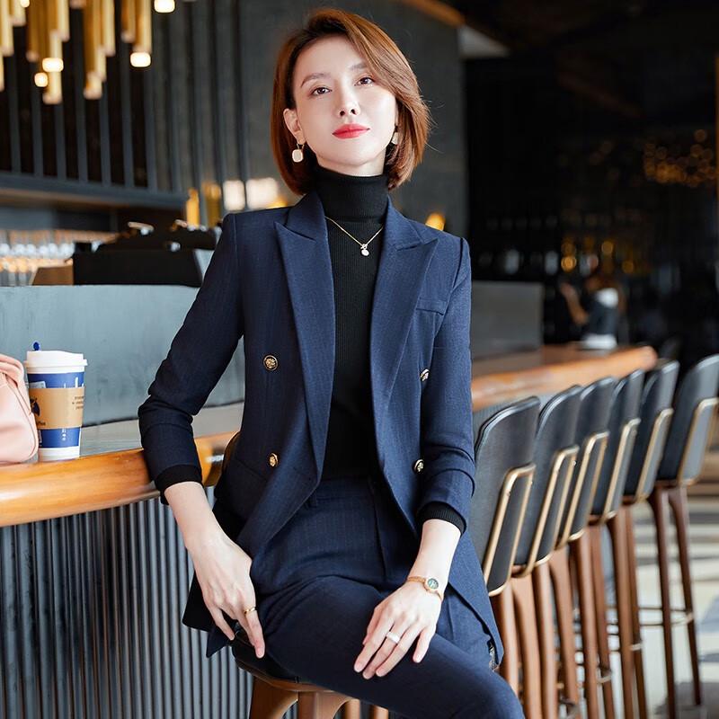 Teluoman Women's Navy Blue Buttoned Professional Suit Set