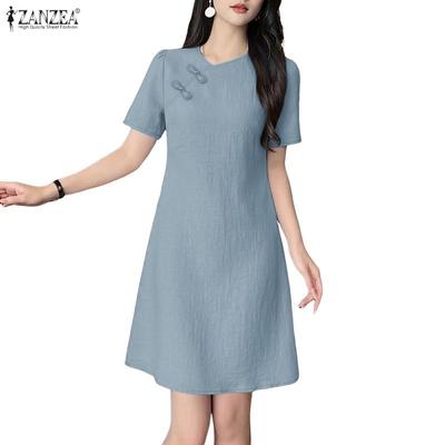Women Summer Casual Round Neck Solid Color Short Sleeve Dress