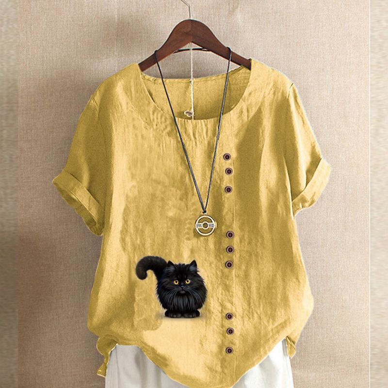 Women's Fashion Black Cat Prined Round Neck Short Sleeve T-shirt Casual Cotton Linen Graphic Shirt Leisure Loose Summer Blouse Tops