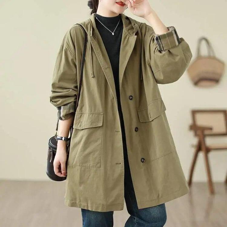 Kvinner Koreansk Vintage Hettekåpe Høst Casual Løse Lange Ermer Enkelknappet Ensfarget Lommekåpe Johnature Mote Yttertøy