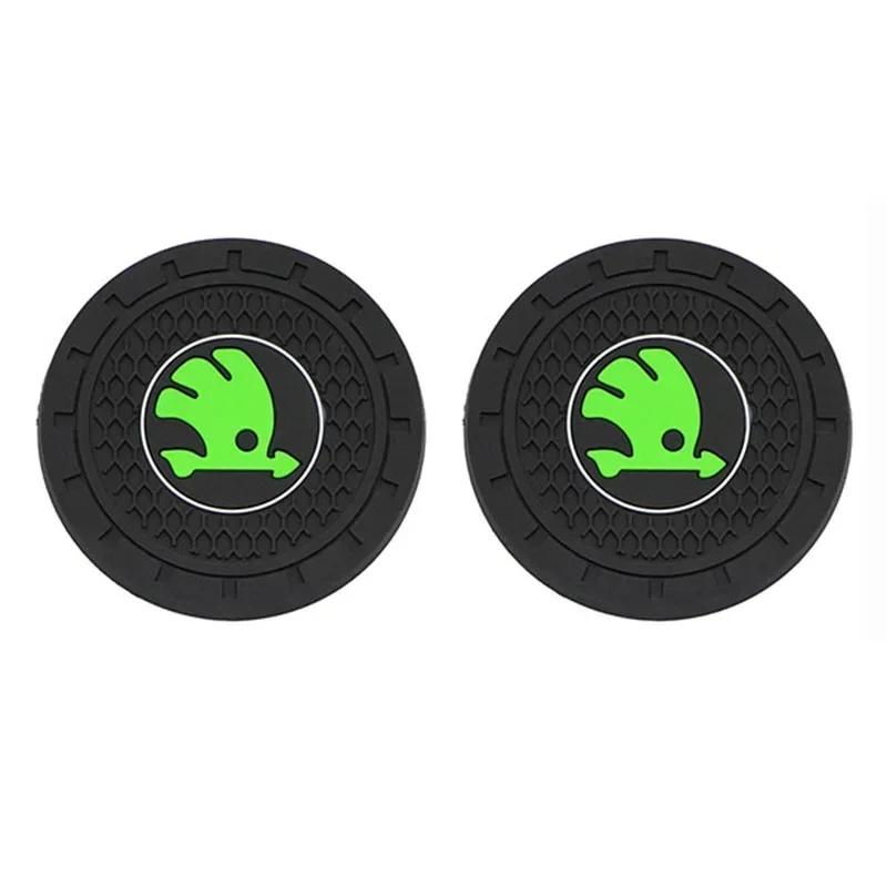 CAPR9 2pcs Car Water Cup Mat PVC Anti-Slip Coaster Pads for Skoda Logo Octavia VRS Yeti Kodiaq Fabia Superb 2 3 Karoq Rapid Scala