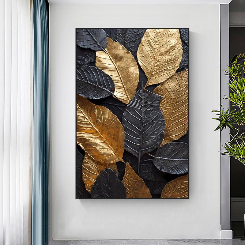 Modern Golden and Black Leaf Canvas Painting Wall Art Gold Leaves Wall Decor Prints Textured Paintings for Living Room No Frame