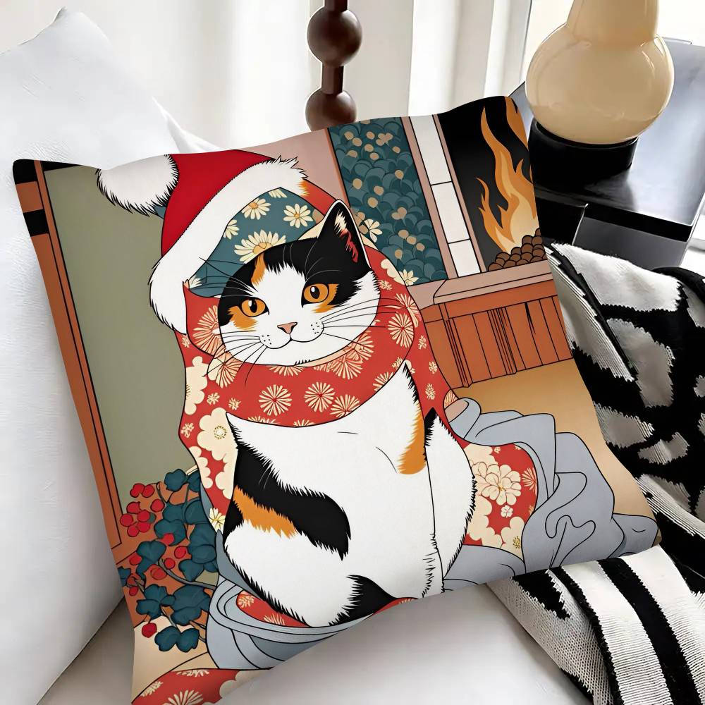 Cute Christmas Cat Pillow Case Fashion Square Pillowcase Bedroom Sofa Room Ins Decoration Leisure
