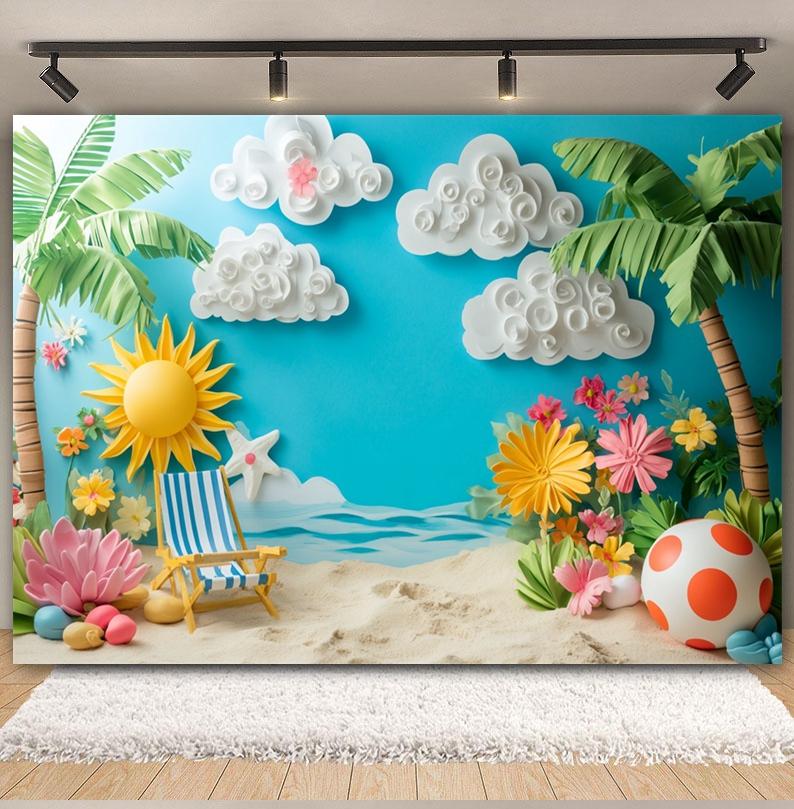 Summer Beach Backdrop Hawaii Tropical Seaside Sunshine Blue Sky Palm Tree Baby Birthday Holiday Party Photography Background